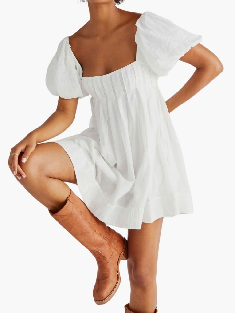 Free People White Puff Sleeve Square Neck Mini Dress